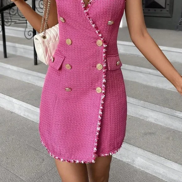 Pink Preppy Womens Double Breasted Raw Trimmed Flap Detail Tweed Vest Overcoat - Picture 5 of 5